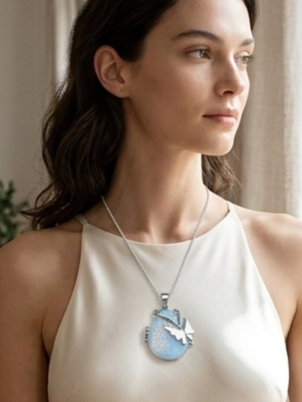 Opalite Teardrop Pendant Necklace with White Butterfly 22"